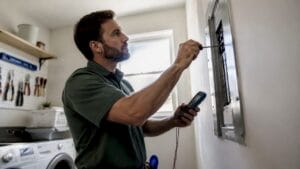 Electrician inspecting a home's electrical panel