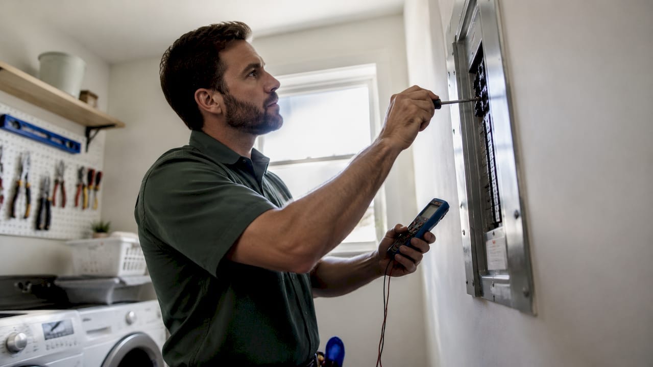 Electrician inspecting a home's electrical panel