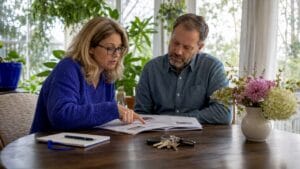 Couple reviewing home inspection report at kitchen table
