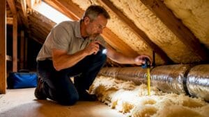 Home inspector measuring attic insulation depth