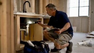 Home inspector examining outlet in new home