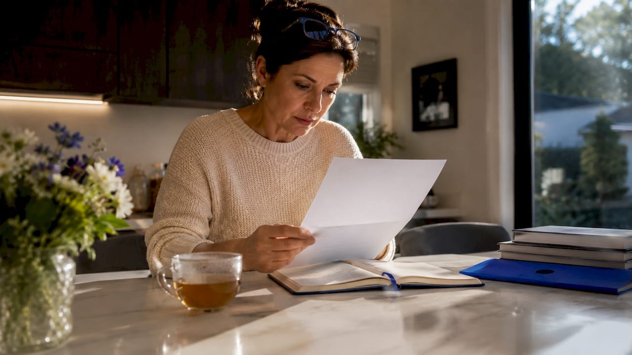 Buyer reviewing property inspection certificate at kitchen table
