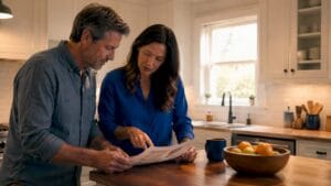 Homebuyers reviewing property inspection report indoors