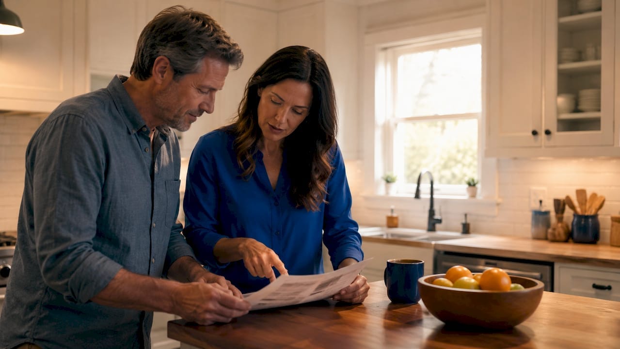 Homebuyers reviewing property inspection report indoors