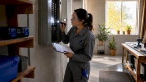 Home inspector checking electrical panel in house