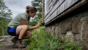 Home inspector checking house foundation outdoors
