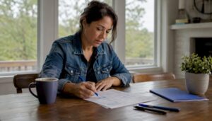 Homebuyer reviewing inspection checklist at kitchen table