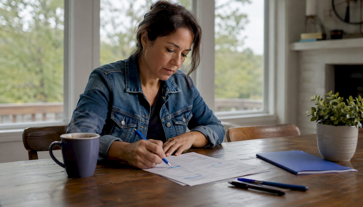 Homebuyer reviewing inspection checklist at kitchen table