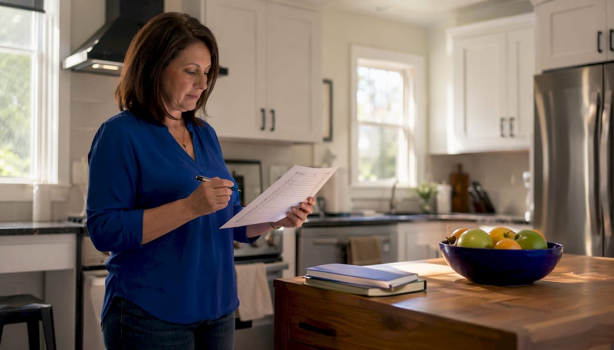 Seller reviewing home inspection checklist in living room