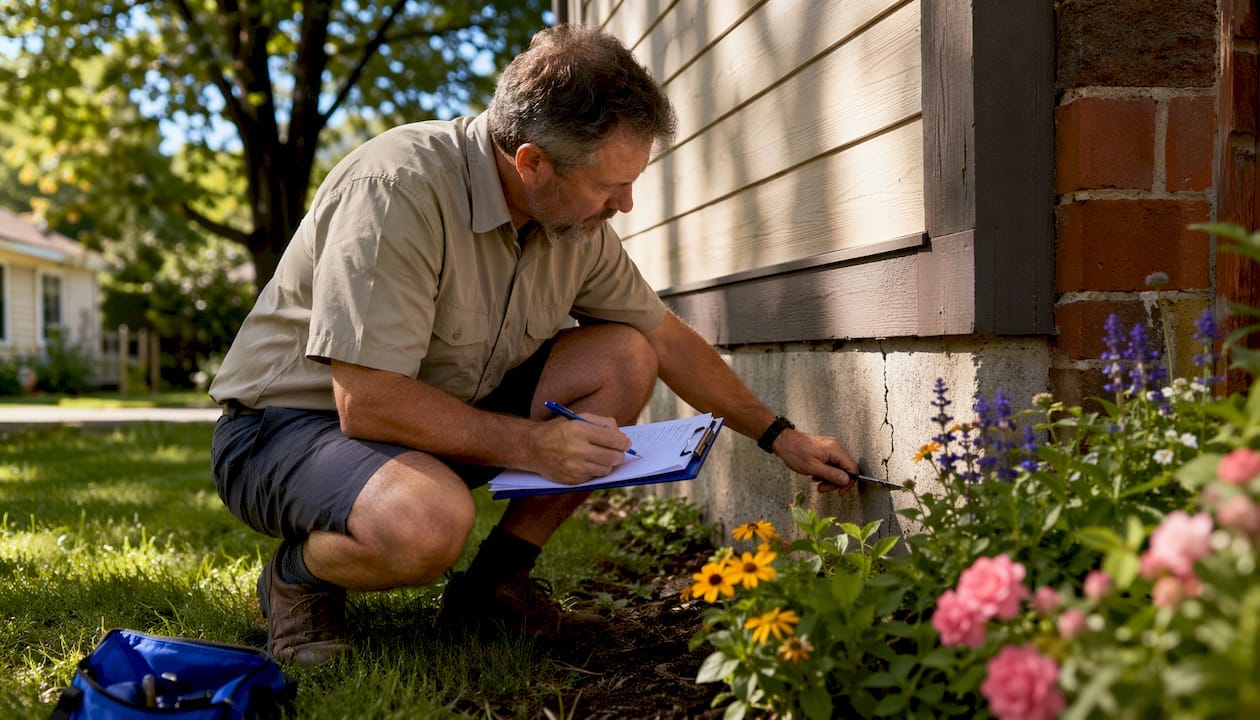 Home inspector examining house exterior foundation