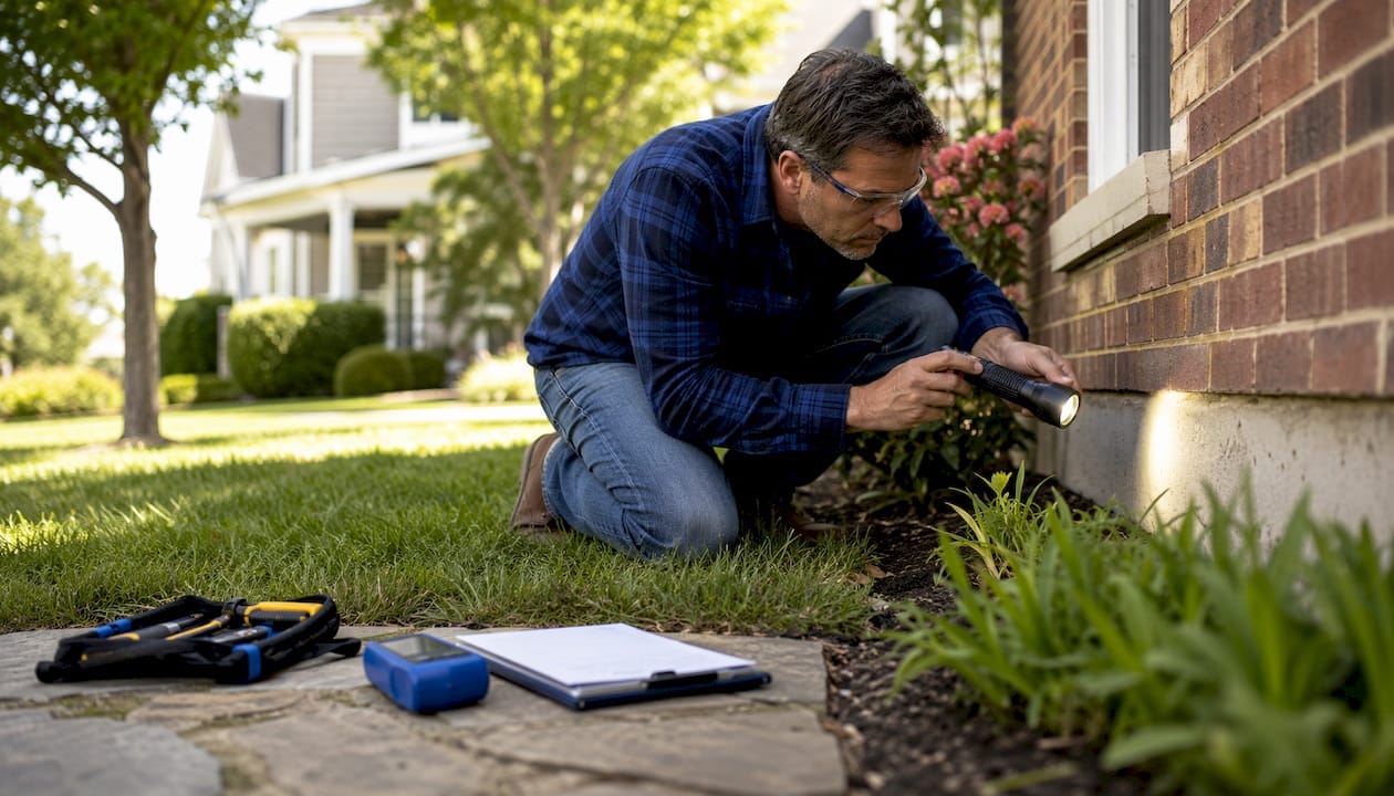 Certified home inspector examining house foundation