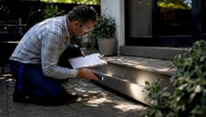 Home inspector examining ceiling vent indoors