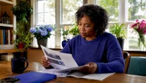 Woman reading home inspection report at table