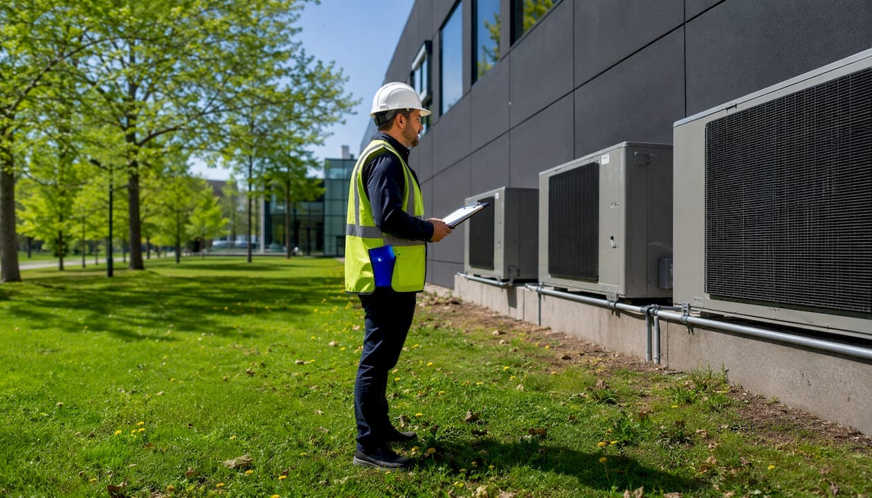 Commercial inspector examining rooftop HVAC units