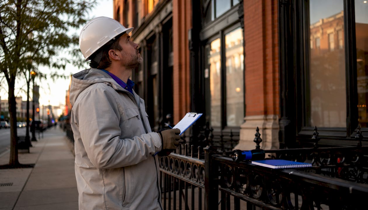 Inspector assessing commercial building exterior in Memphis