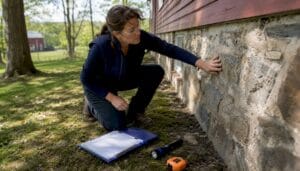 Home inspector examining house foundation outdoors