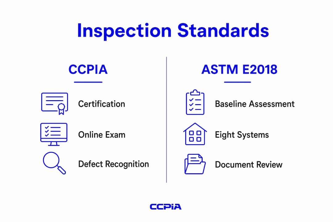 Infographic comparing CCPIA and ASTM E2018 standards for commercial inspections