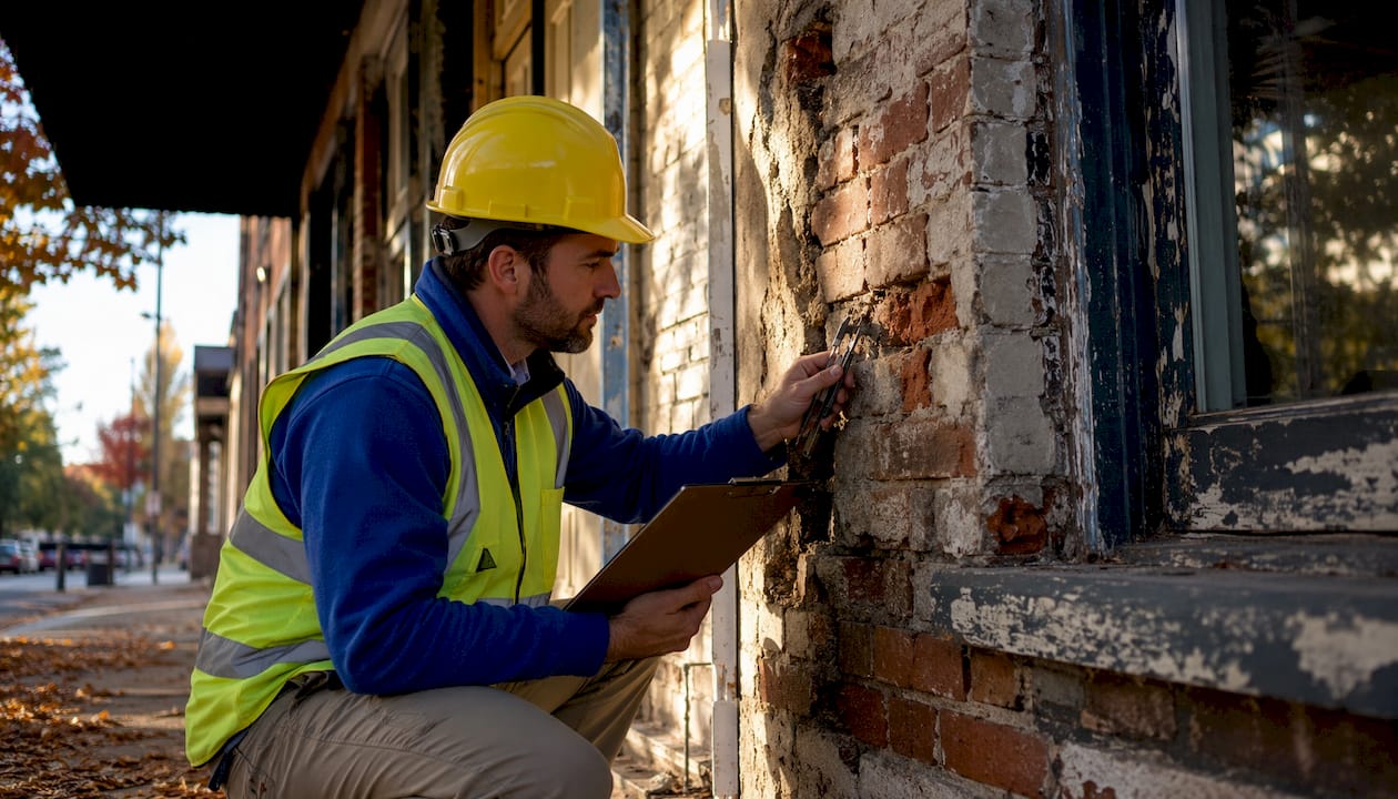 Engineer inspecting deteriorated brick wall