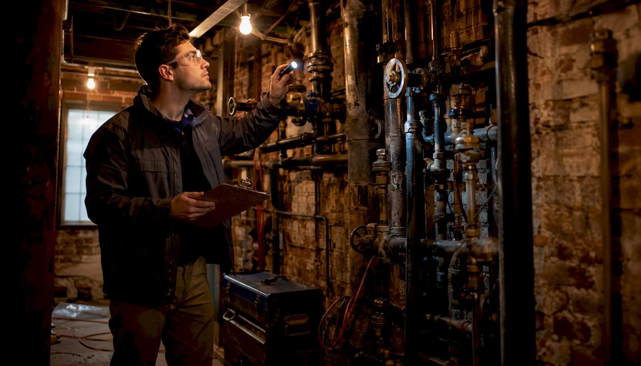 Inspector examining basement building systems