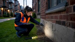 Inspector examining multi-unit building exterior
