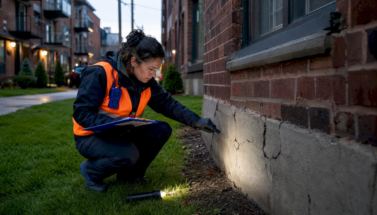 Inspector examining multi-unit building exterior