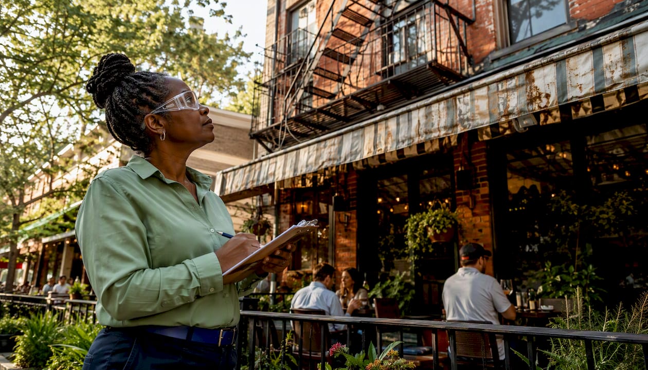 Inspector examining restaurant exterior
