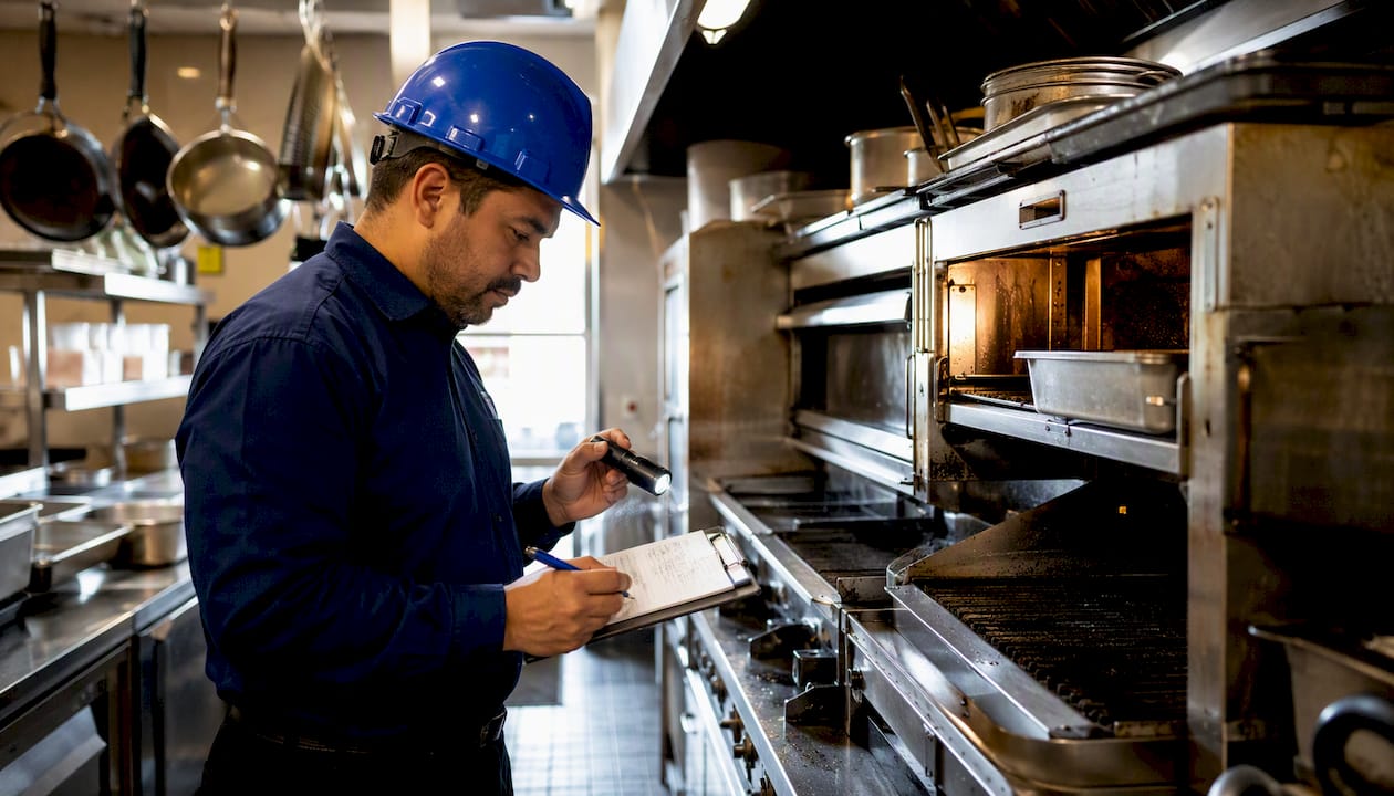 Inspector examining restaurant kitchen hood