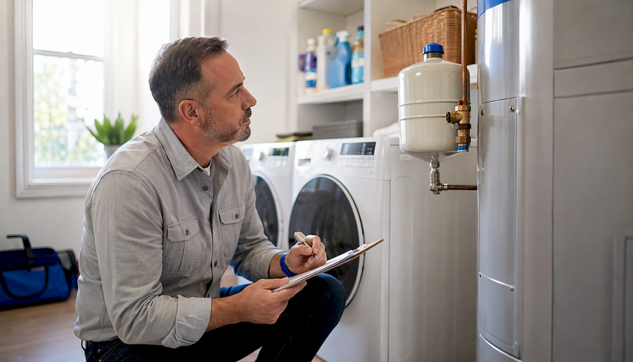 Home inspector inspecting water heater expansion tank