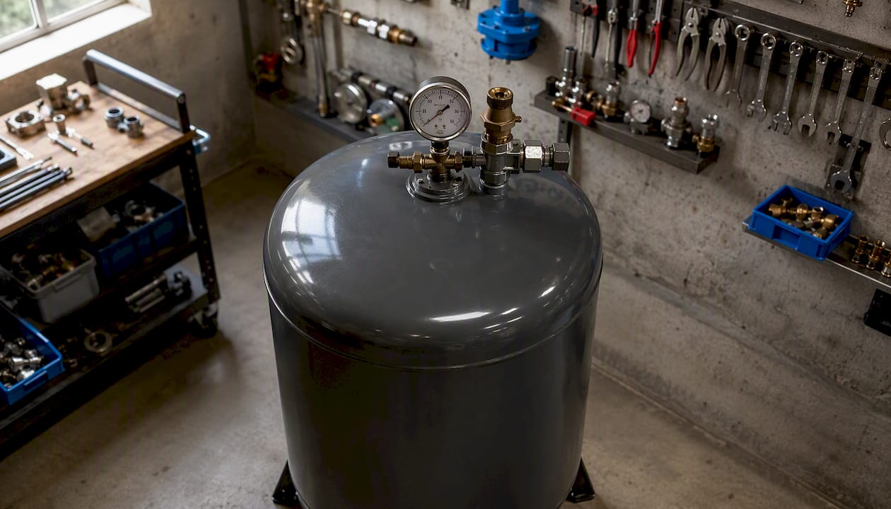 Close-up of thermal expansion tank parts and fittings