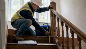 Inspector measuring stair handrail height