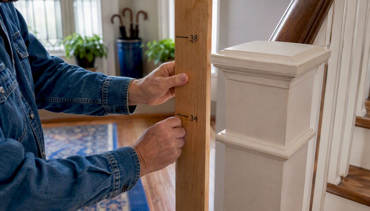 Hands holding story pole by stair tread nosing