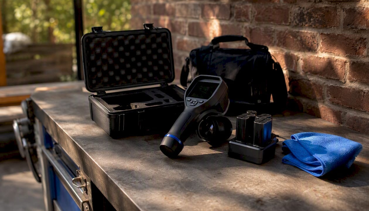 Handheld thermal camera and accessories on workbench