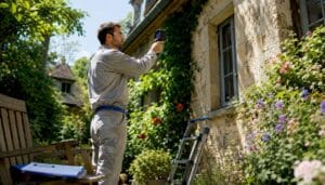 Home inspector using thermal camera outdoors