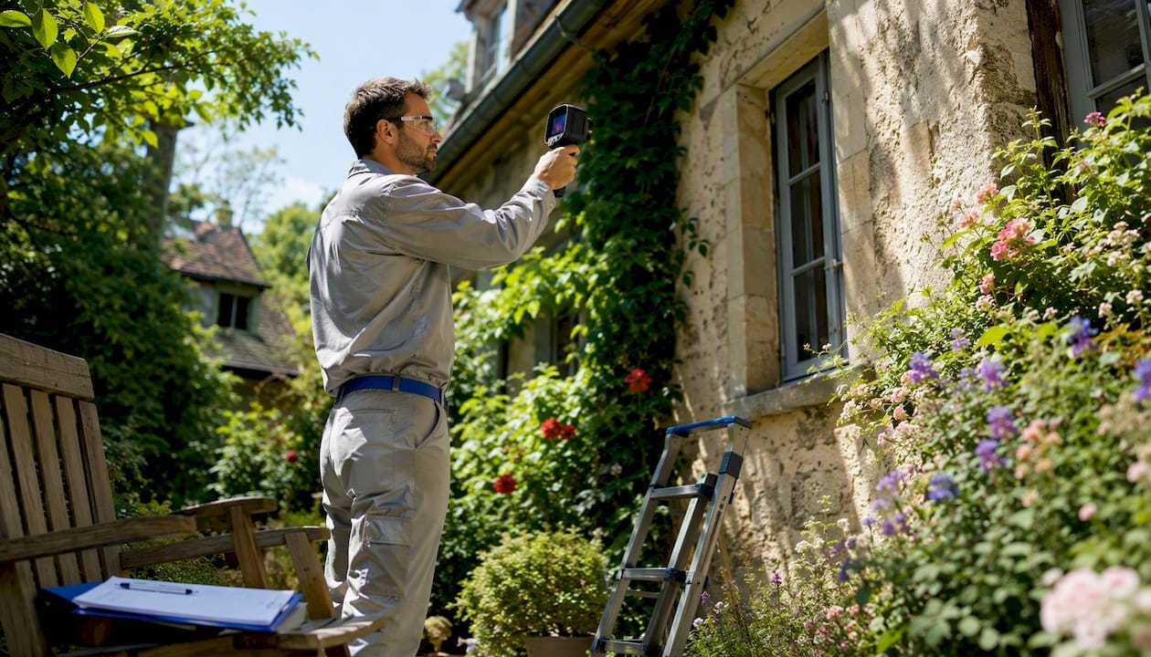 Home inspector using thermal camera outdoors