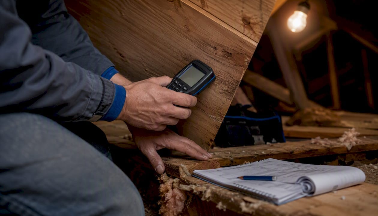 Hands using moisture meter during attic inspection