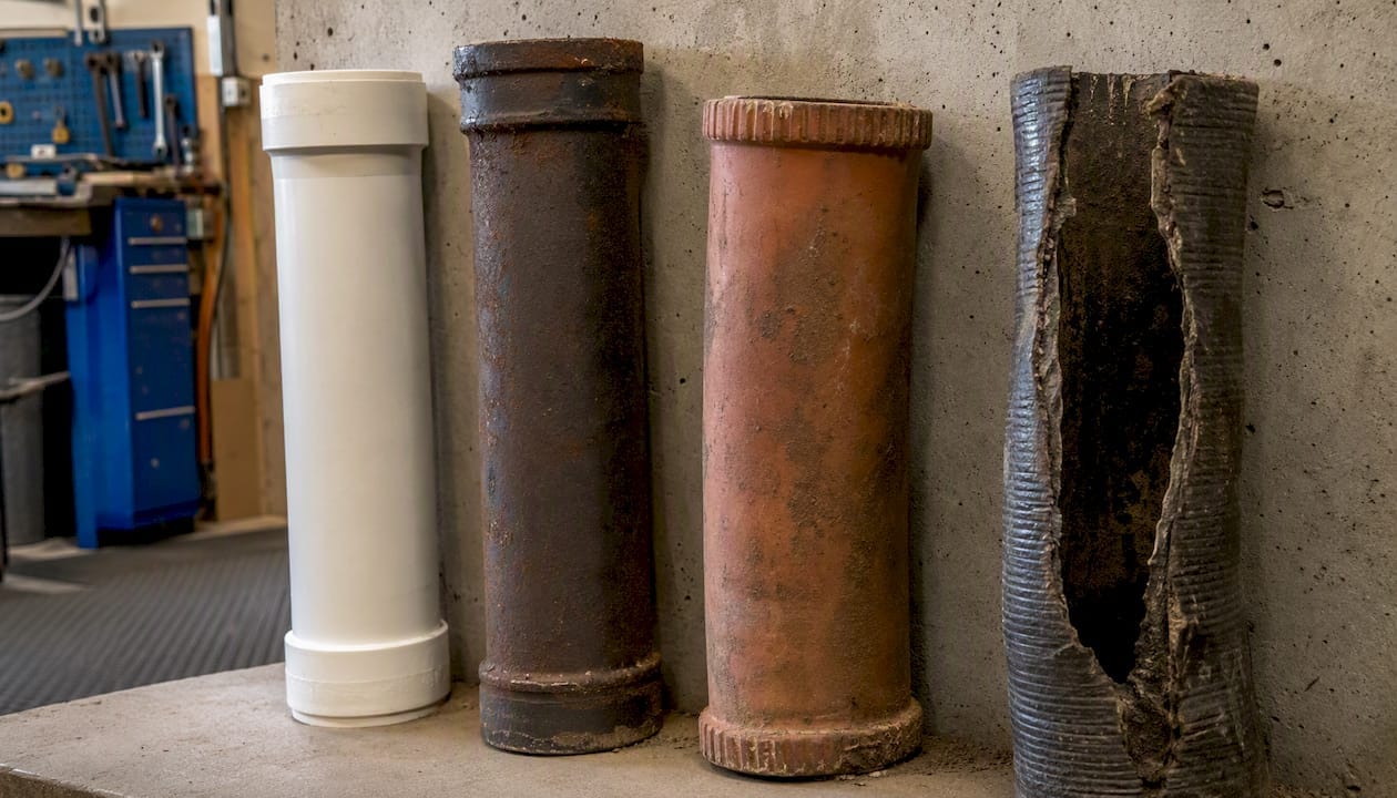 Four sewer pipe materials side by side