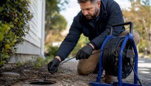 Inspector feeding sewer scope camera into pipe