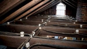 Close-up attic knob and tube electrical wiring