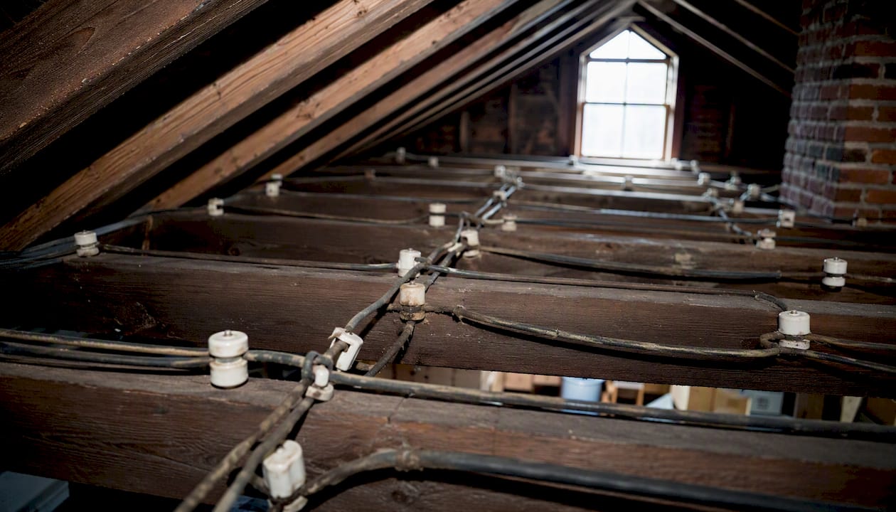 Close-up attic knob and tube electrical wiring