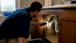 Inspector examining plumbing under kitchen sink