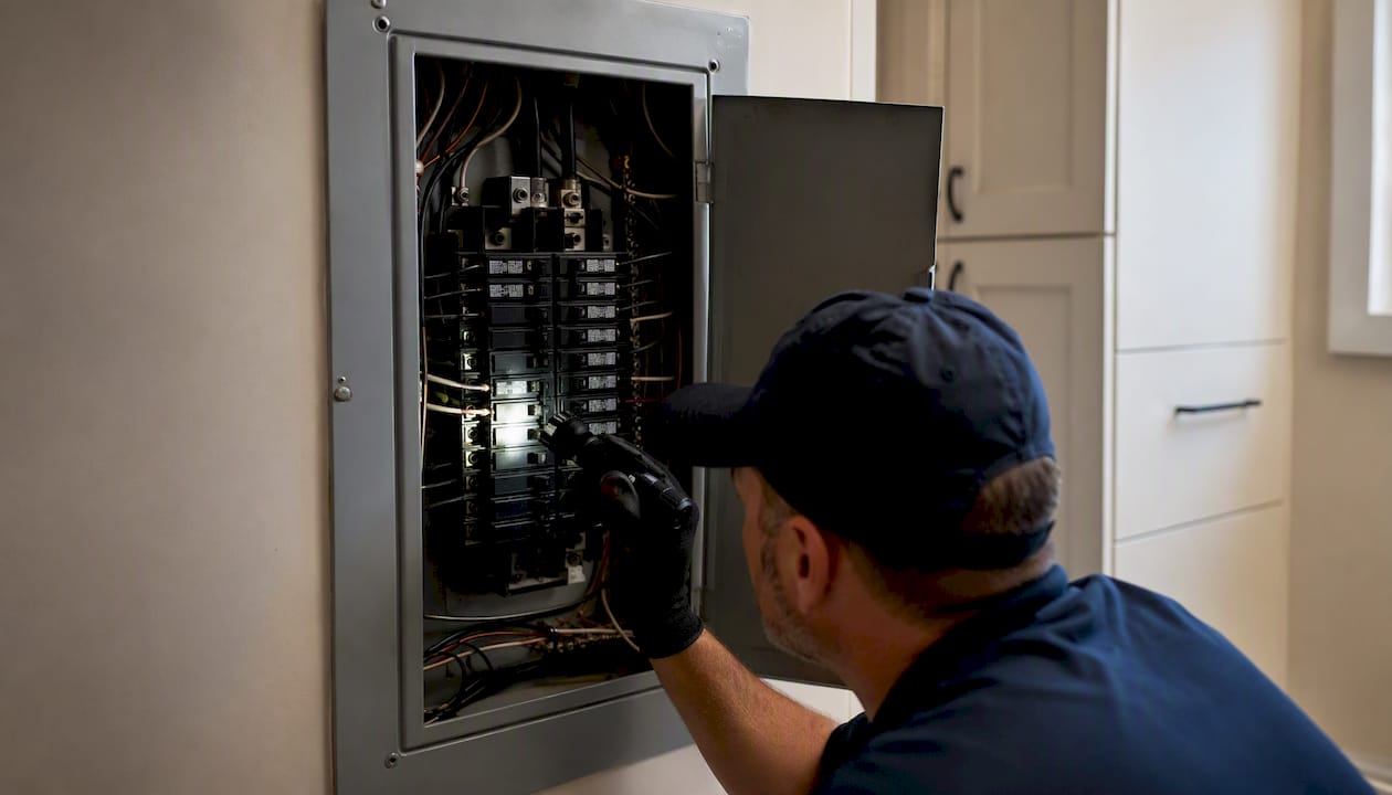 Close-up of electrical panel with hand pointing