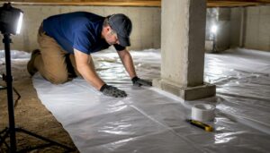 Hands installing vapor barrier in crawl space