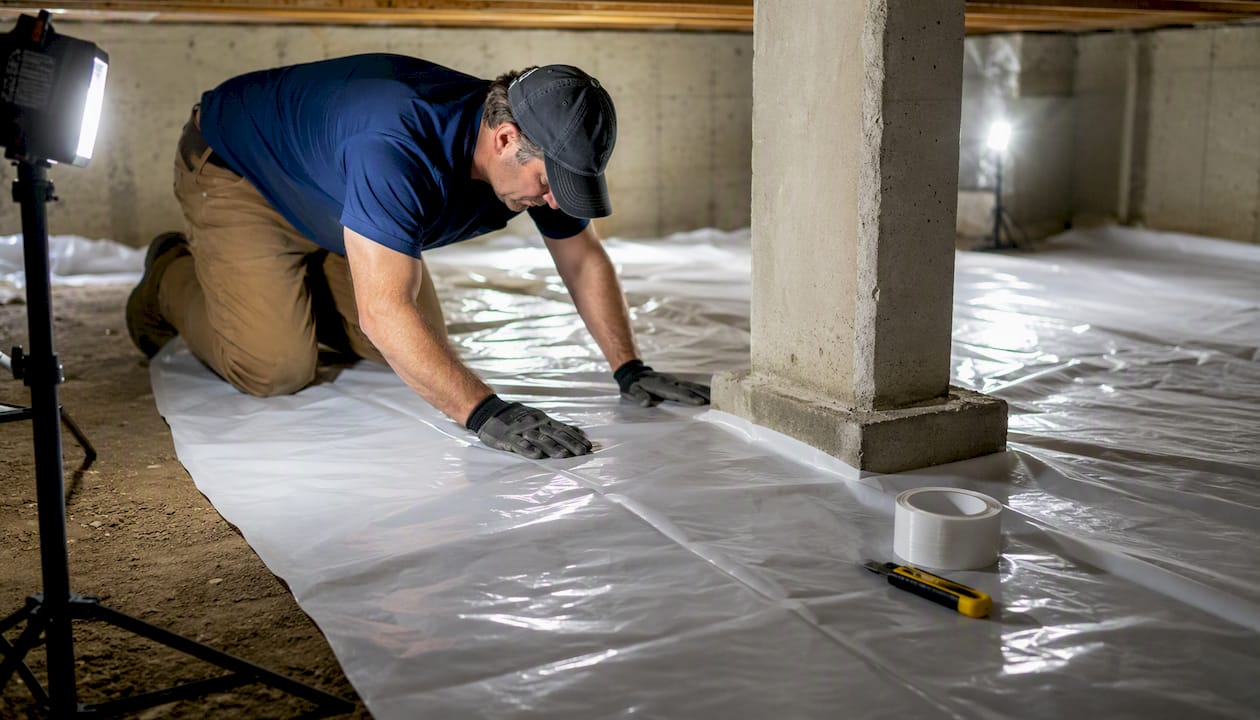 Hands installing vapor barrier in crawl space