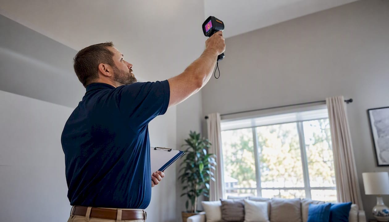Inspector using thermal camera during home inspection