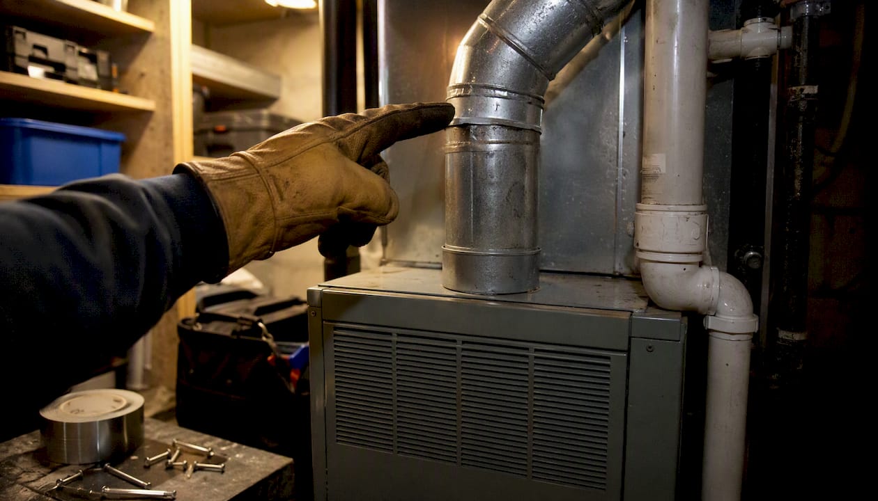 Pointing to furnace exhaust pipe in utility room