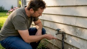 Hand attaching pressure gauge to outdoor spigot