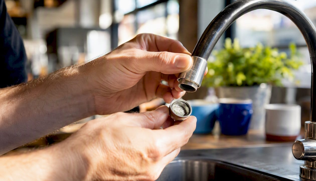 Hands removing clogged faucet aerator
