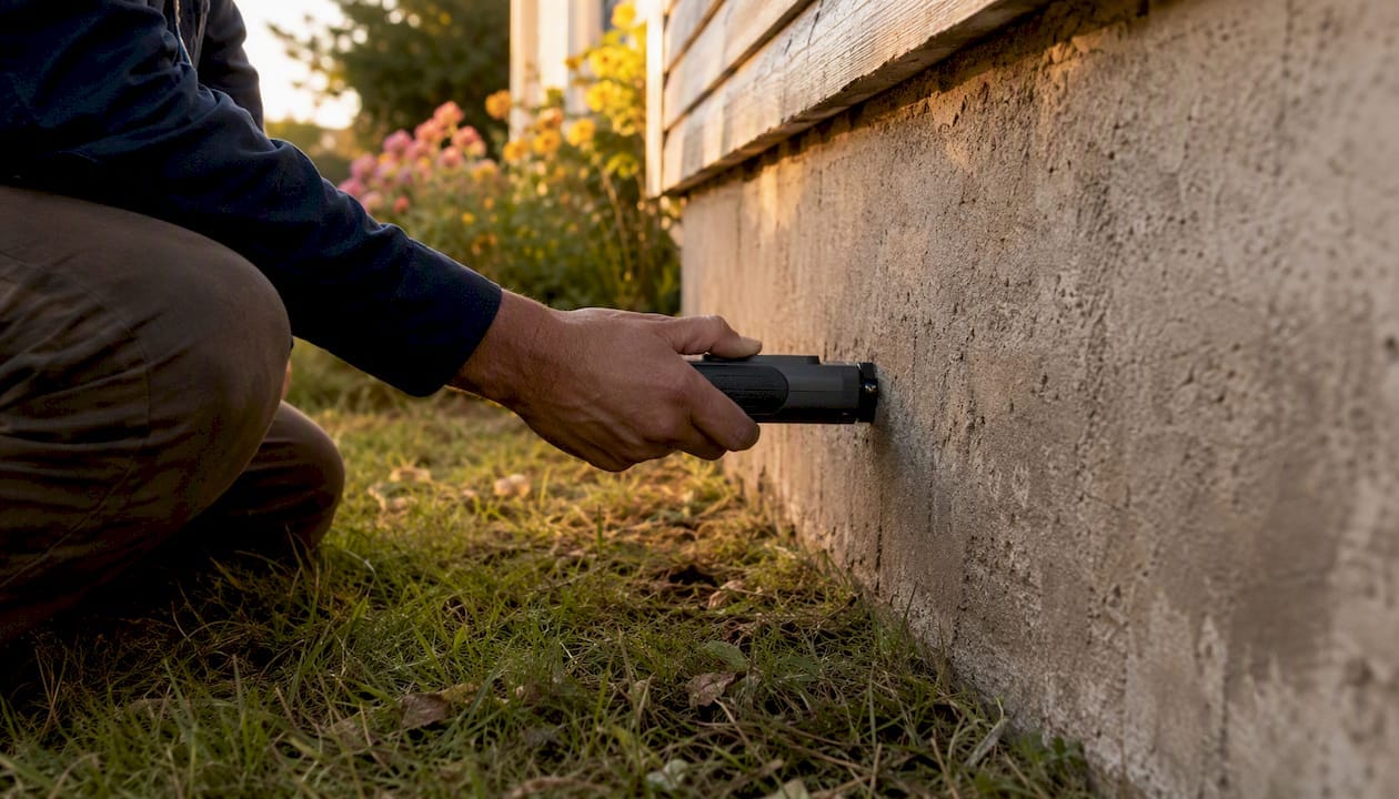 Inspector using moisture meter on home foundation