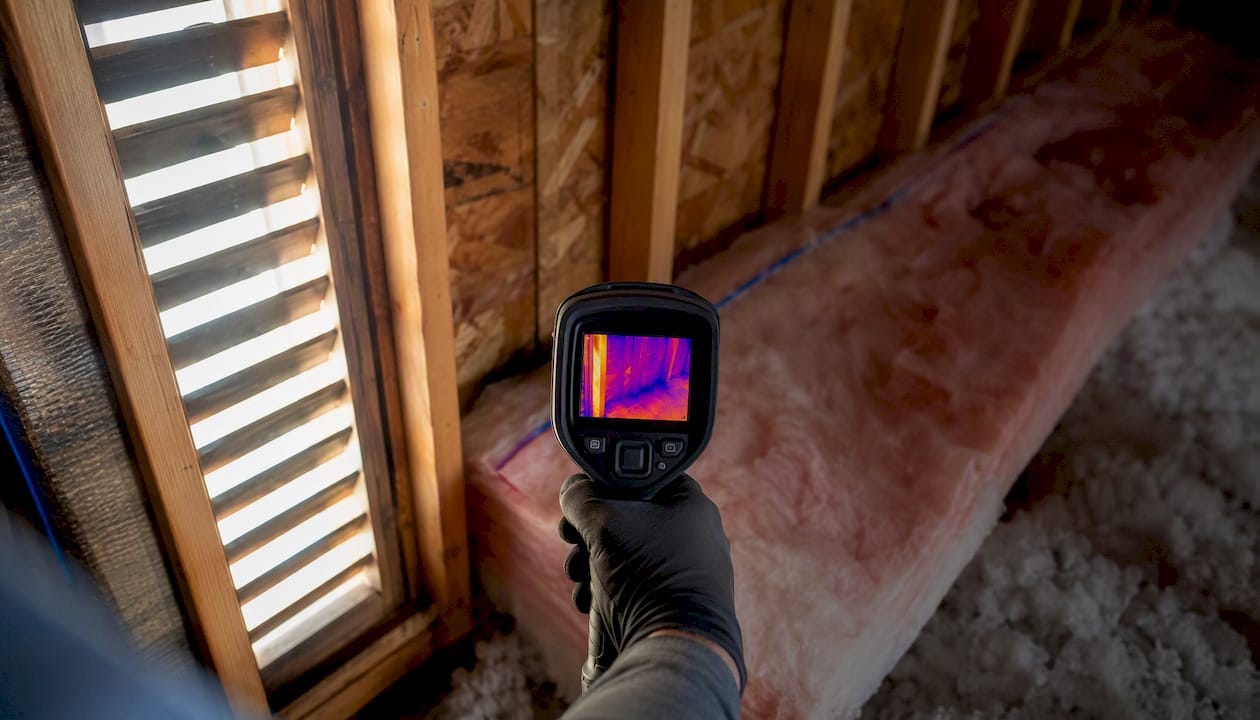 Inspector using thermal camera in attic