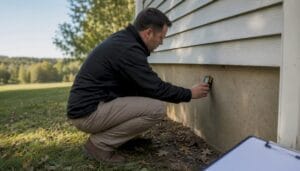 Inspector measuring moisture near house foundation